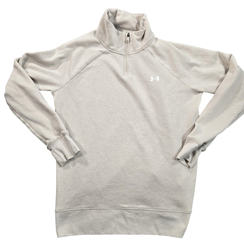 Under Armour Sweatshirt Mens Small Beige Fleece 1/4 Zip Pullover Logo HeatGear